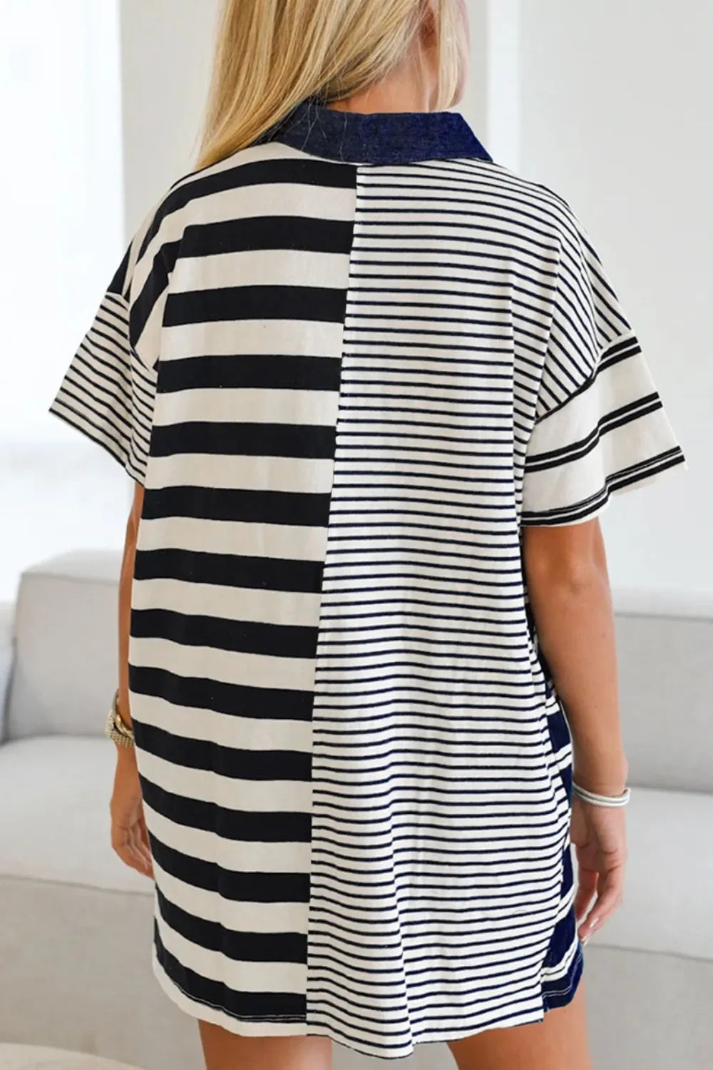 Button Detail Striped Short Sleeve Mini Dress