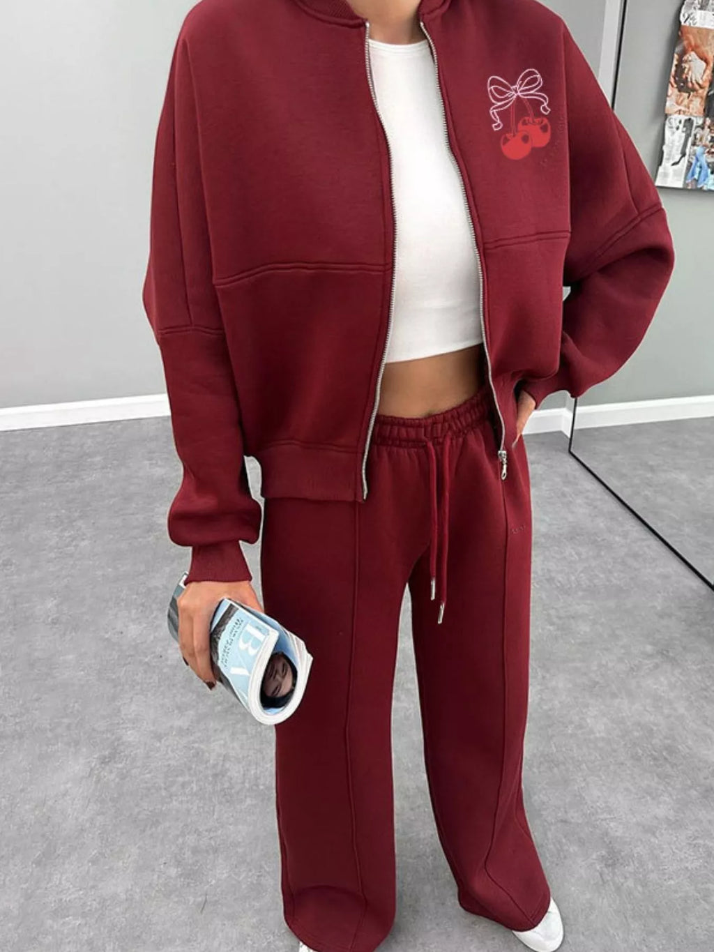 women's zip up dropped shoulder outerwear and pants set - product detail