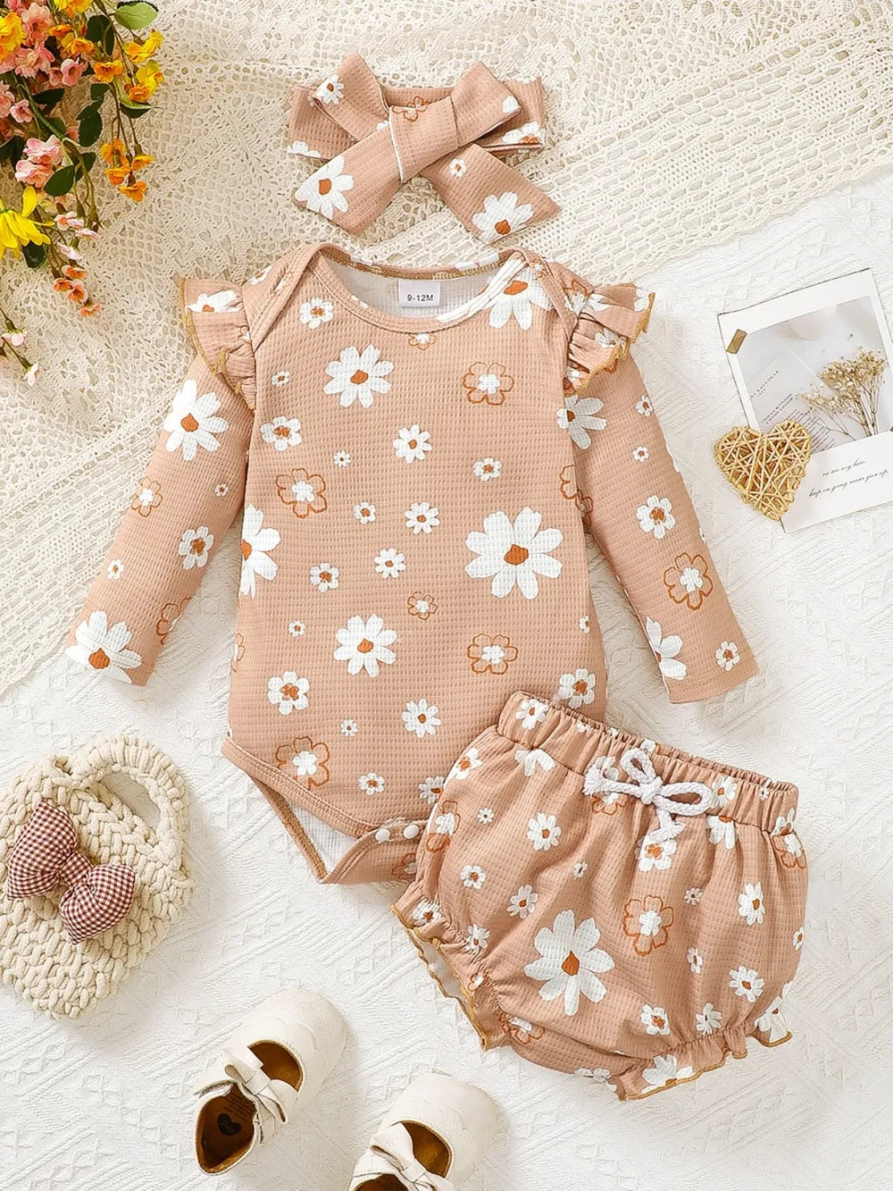 children's ruffled floral bodysuit and bloomer, headband set — stylish clothing for kids