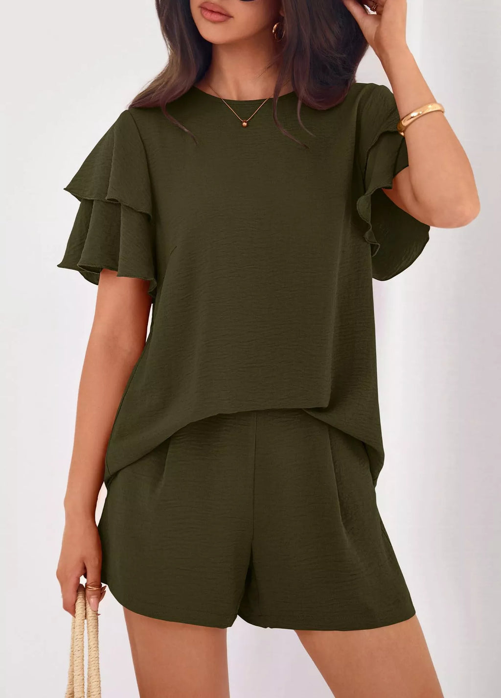 women's ruffle sleeve top and shorts two-piece set - styling option