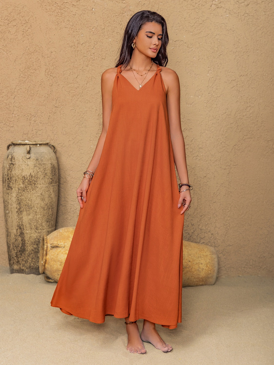 Ruched Twisted Back Sleeveless Maxi Cami Dress