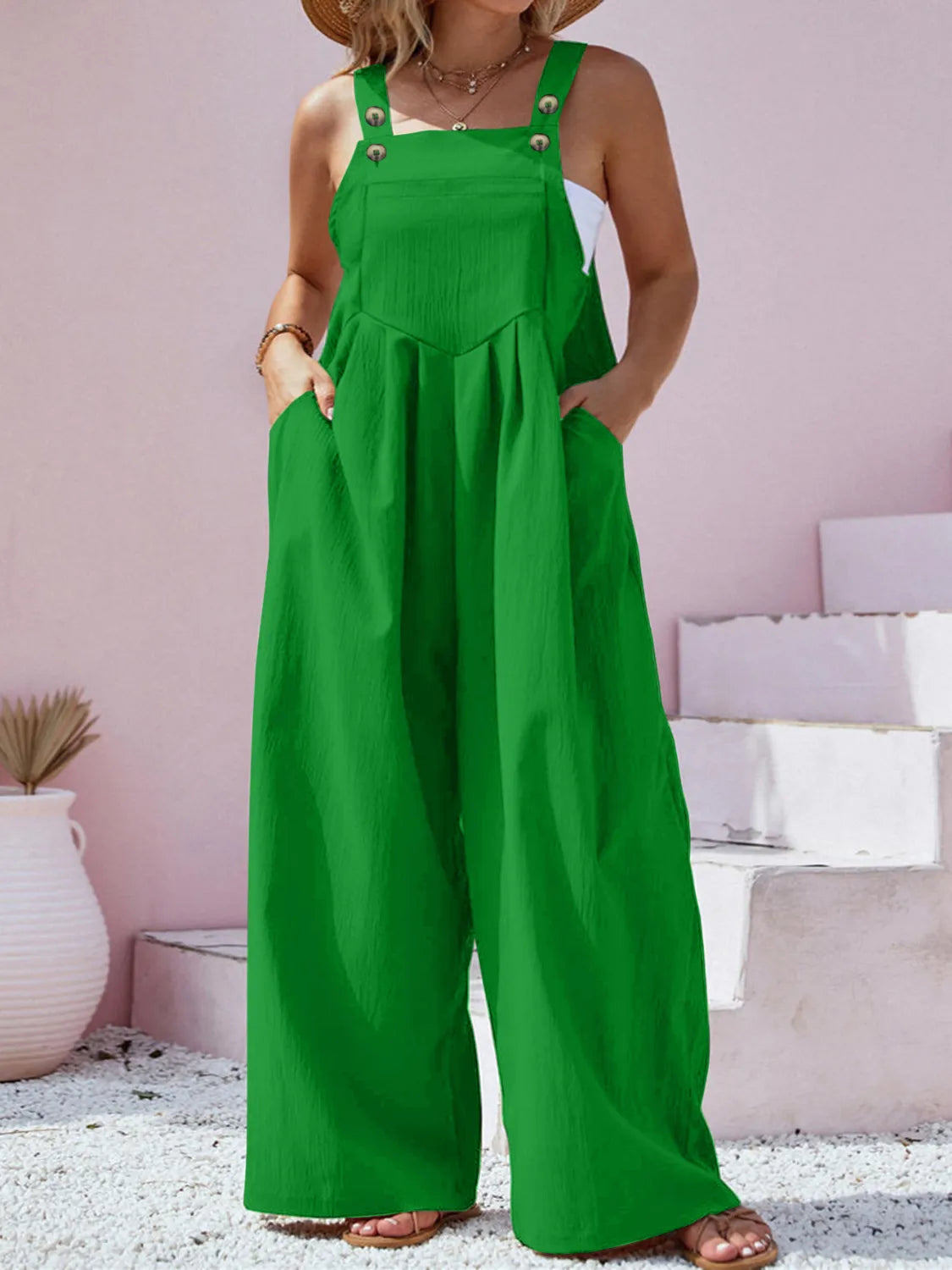 Plus Size Square Neck Wide Leg Overalls Green