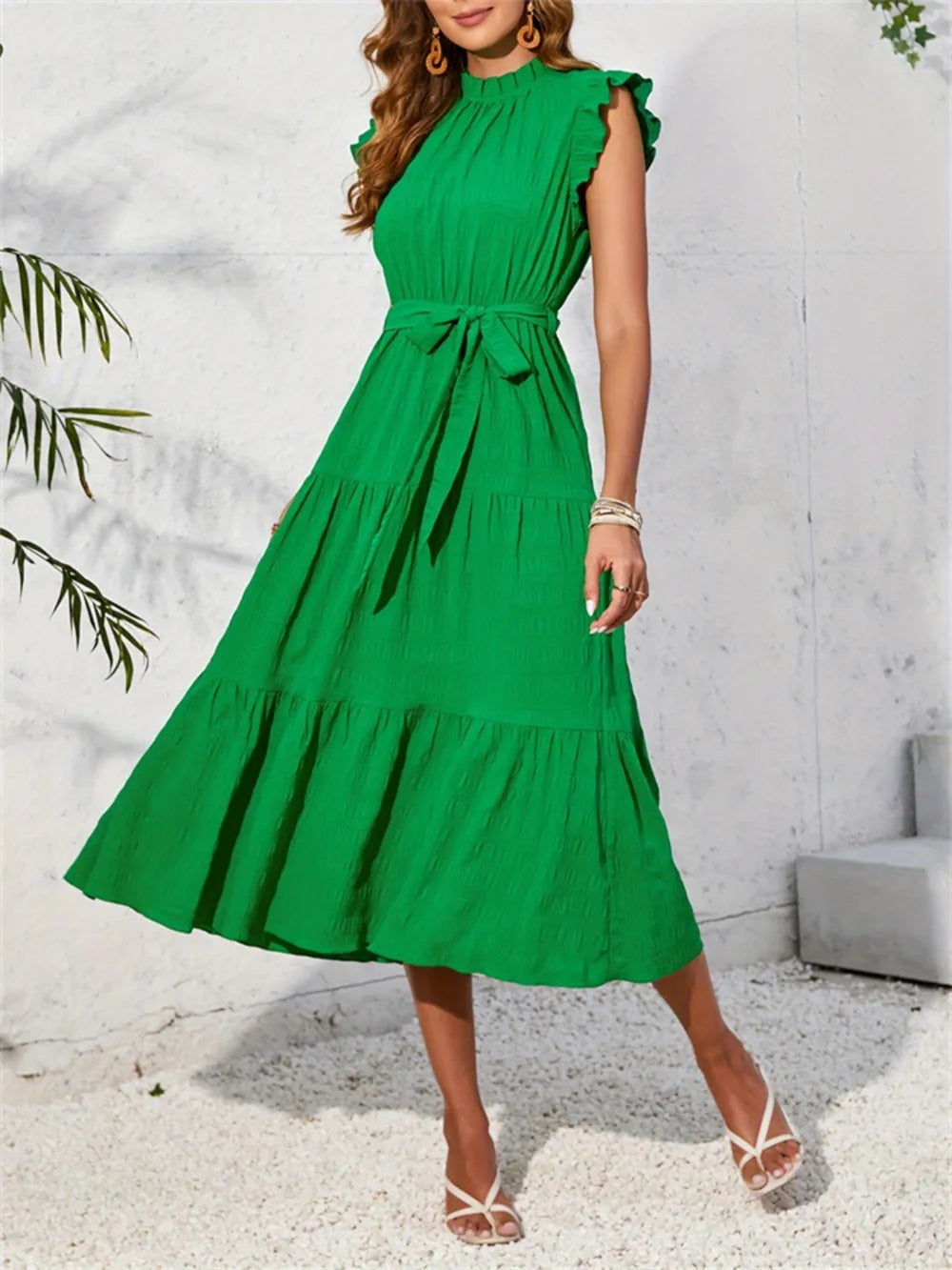 Frill Mock Neck Ruffled Cap Sleeve Midi Dress Green