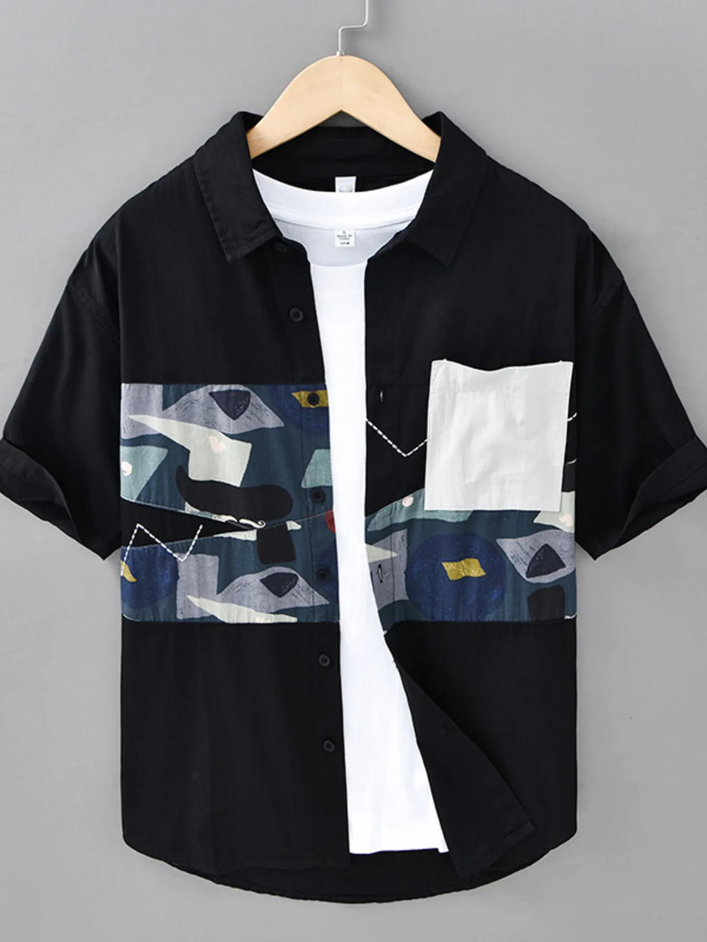 men's men's plus size abstract patchwork short sleeve shirt - front view