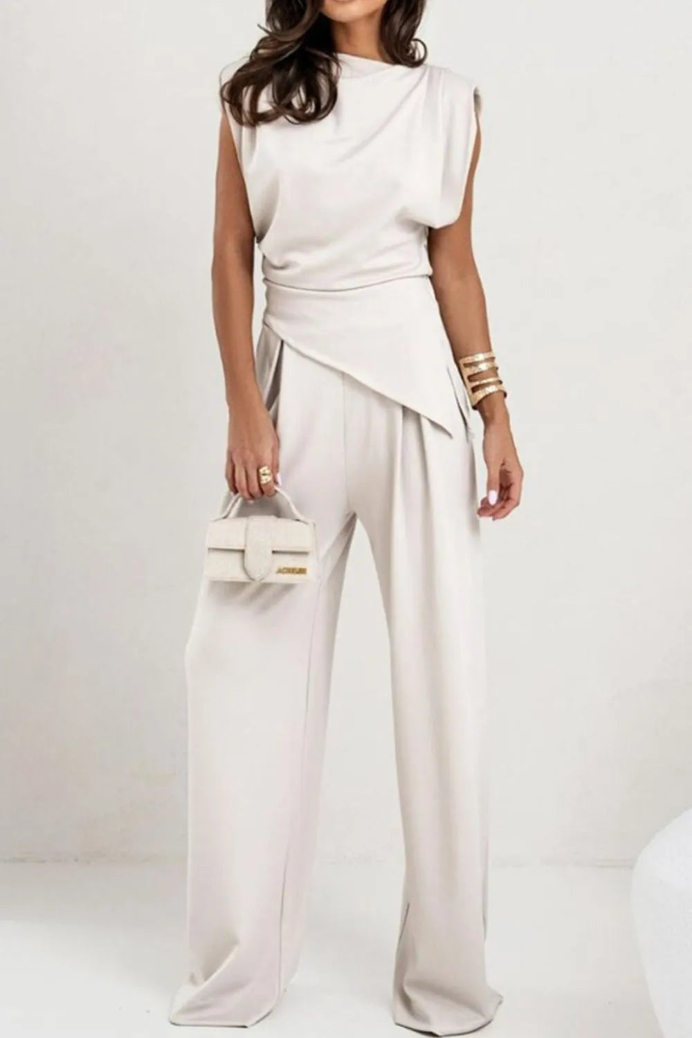 Round Neck Top and Pants Set White