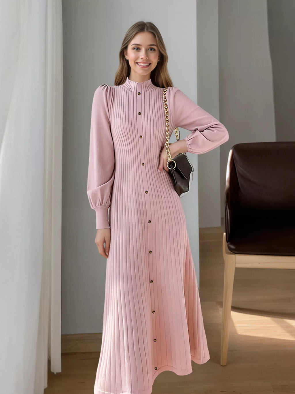 women's ribbed knit mock neck midi dress - main product image