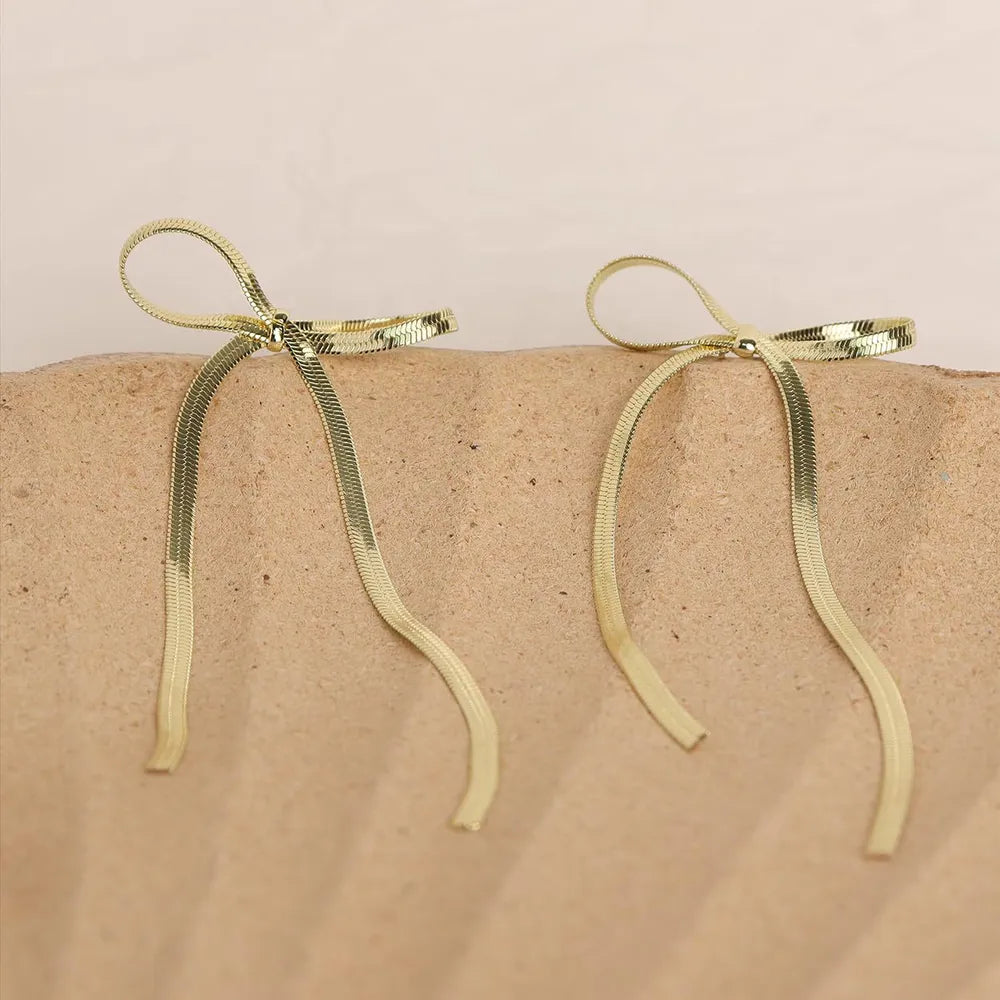 Stainless Steel Bow Bar Earrings Gold One Size