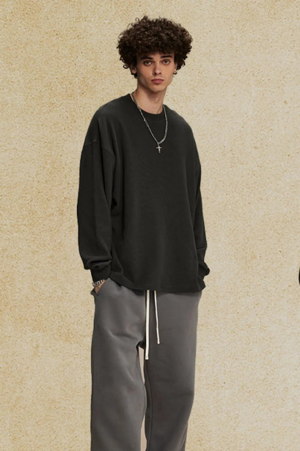 Men's Round Neck Long Sleeve T-Shirt Dark Gray