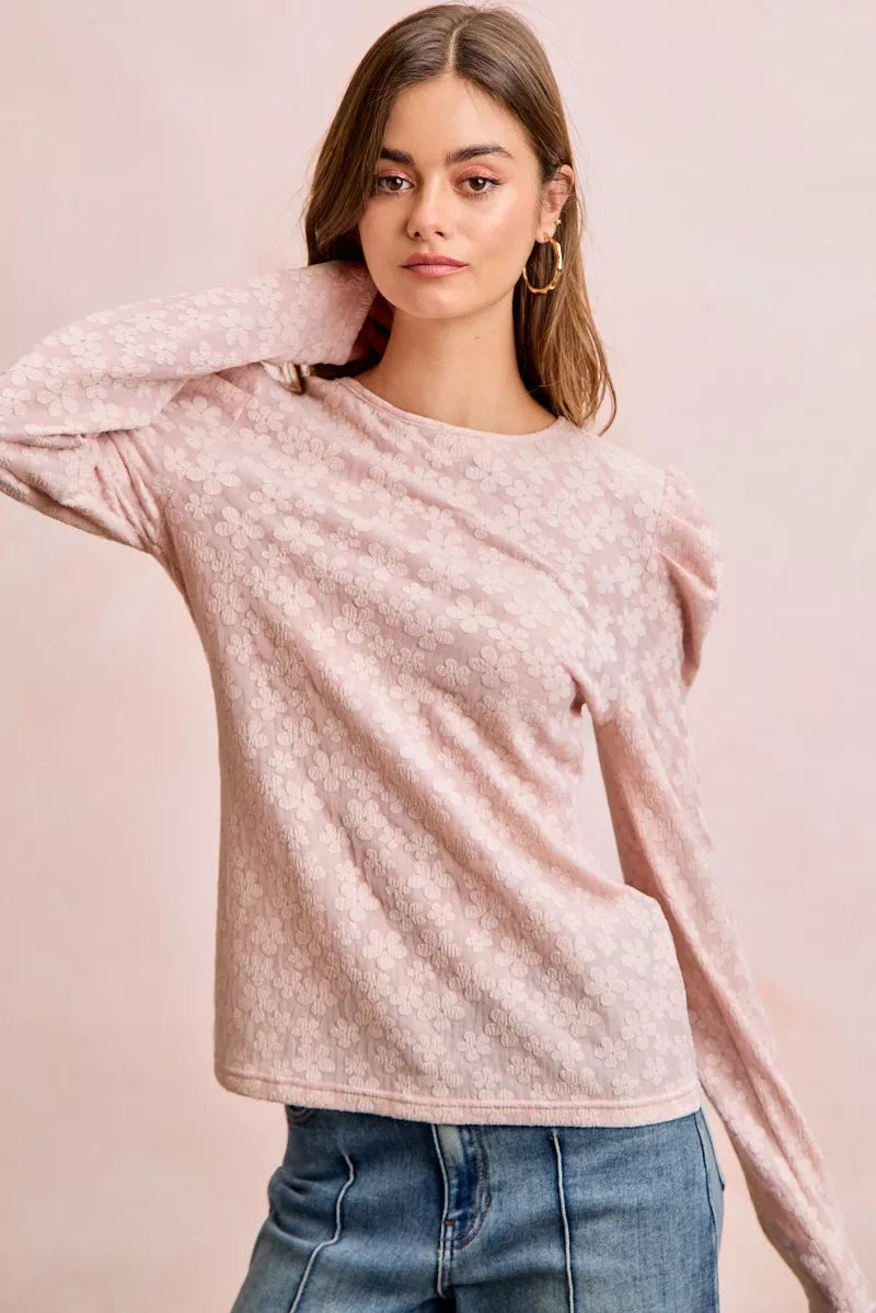 women's bibi textured flower knit puff shoulder top - additional image