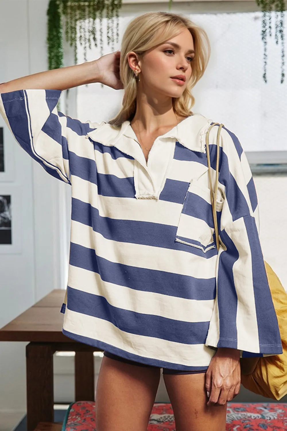 Oh Striped Johnny Collar Long Sleeve T-Shirt Dusty Blue