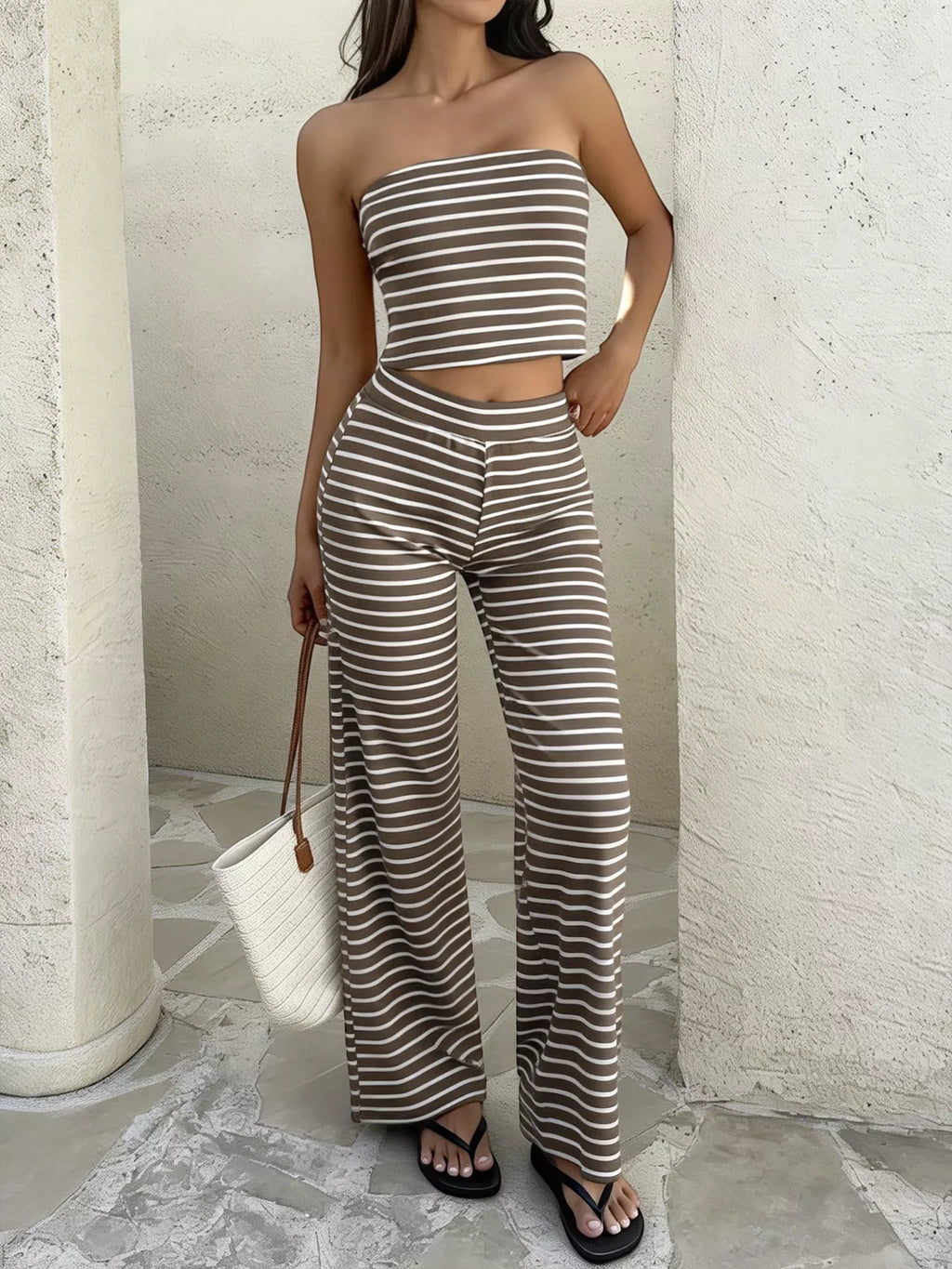 women's striped tube top and wide leg pants set - product showcase
