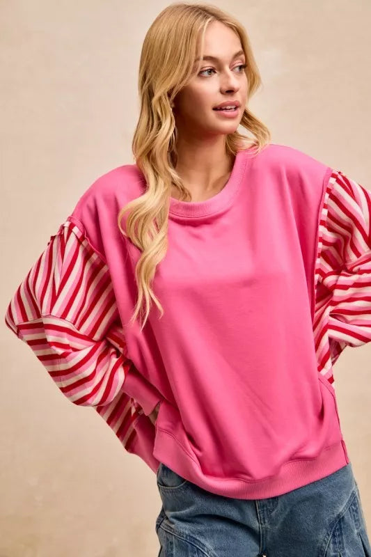 women's bibi french terry stripe combo sweatshirt with open seam - additional image