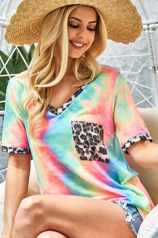 women's bibi tie dye print v neck top with front patch pocket - front view