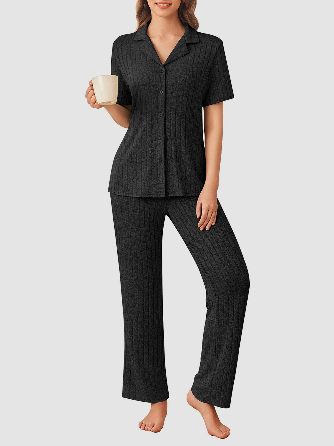 Button Down Long Sleeve Top and Pants Lounge Set Black