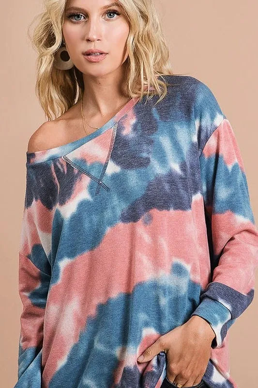 bibi tie dye french terry pull over with front stitching detail - additional angle