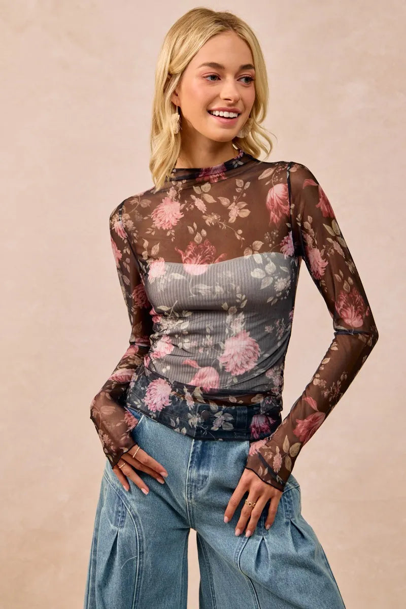 bibi flower printed mesh lace top with thumb opening shown as women’s outerwear