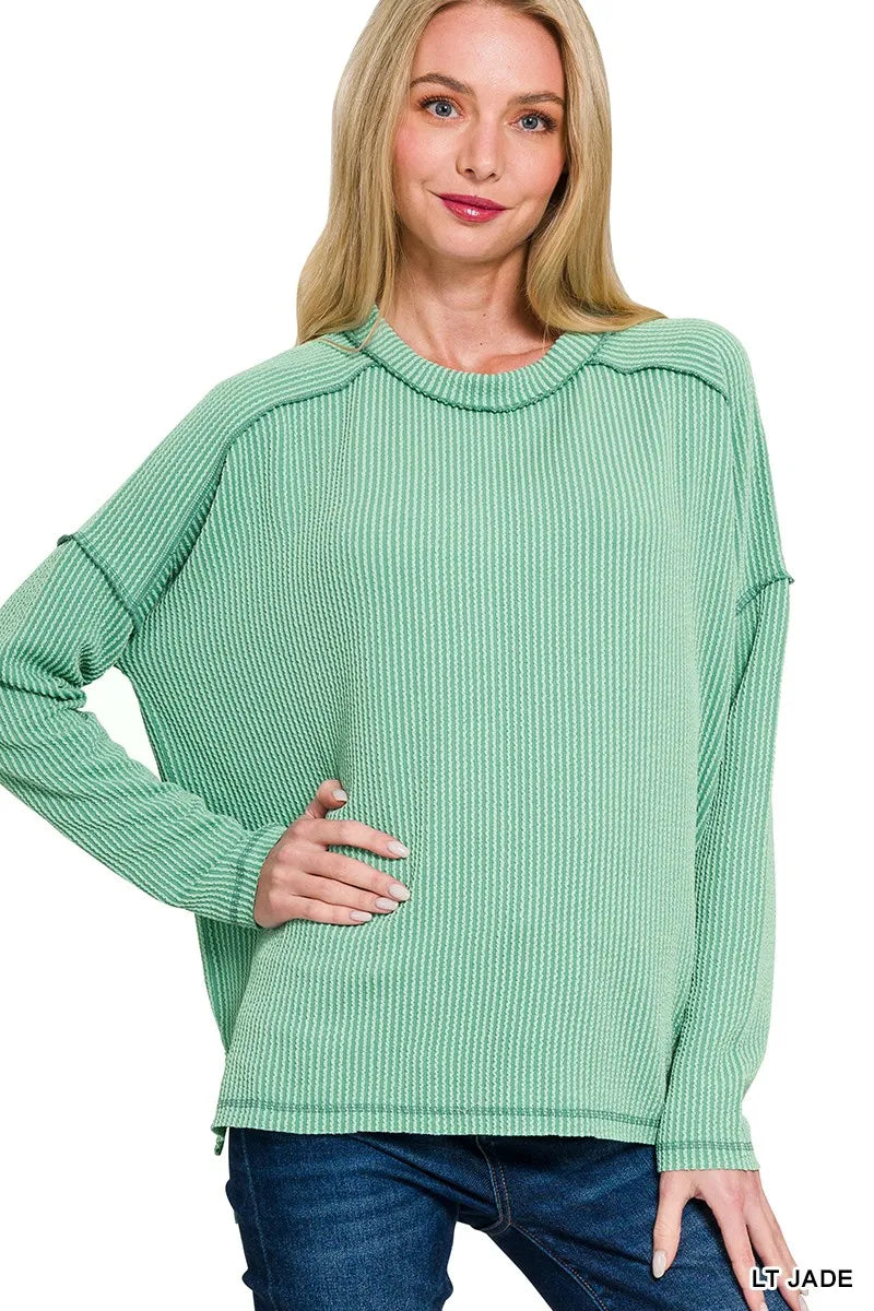 women's top: zenana exposed seam long sleeve corded rib knit top | d shown as women’s outerwear