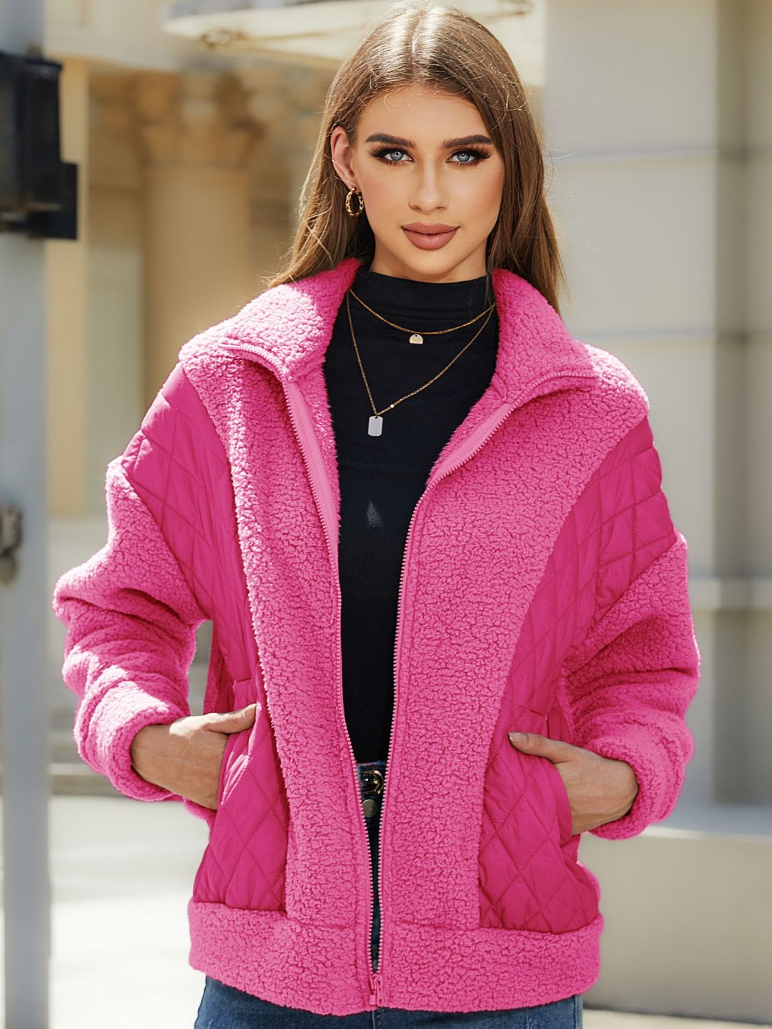 faux shearling winter jacket for women with scarf accessory