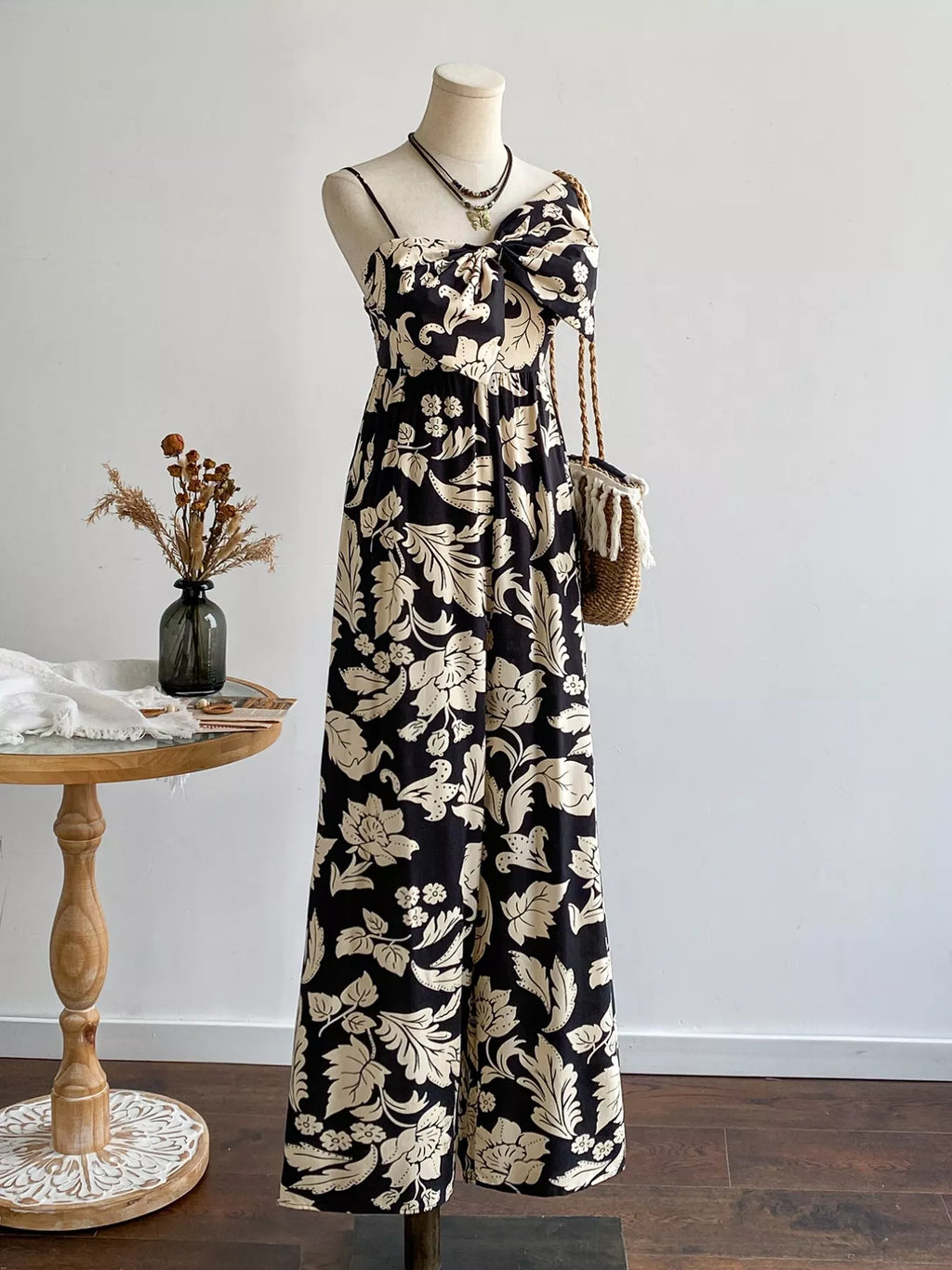 women's floral print bowknot wide leg jumpsuit - side view