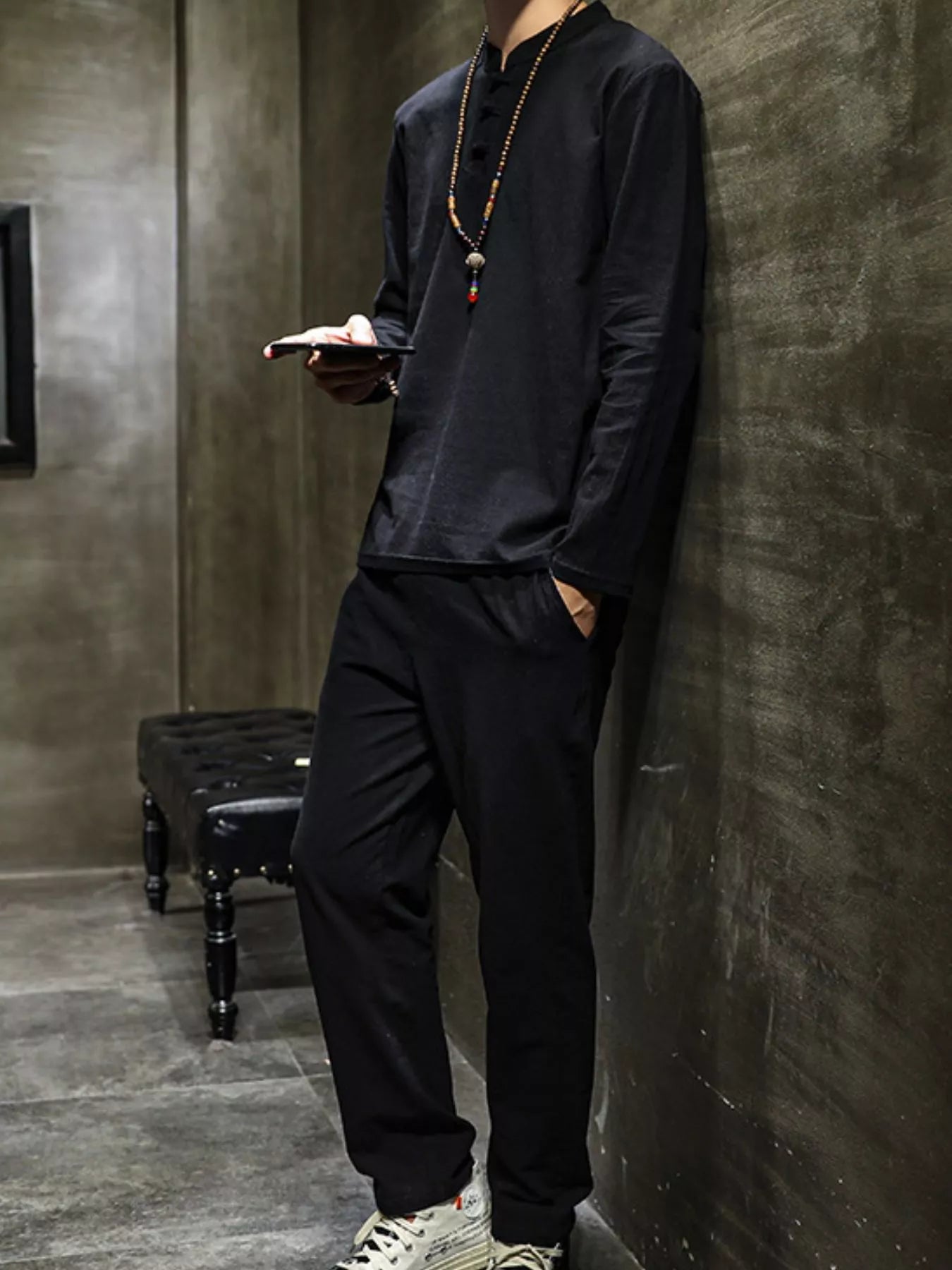 men's men's plus size button detail long sleeve top and pants set - back view