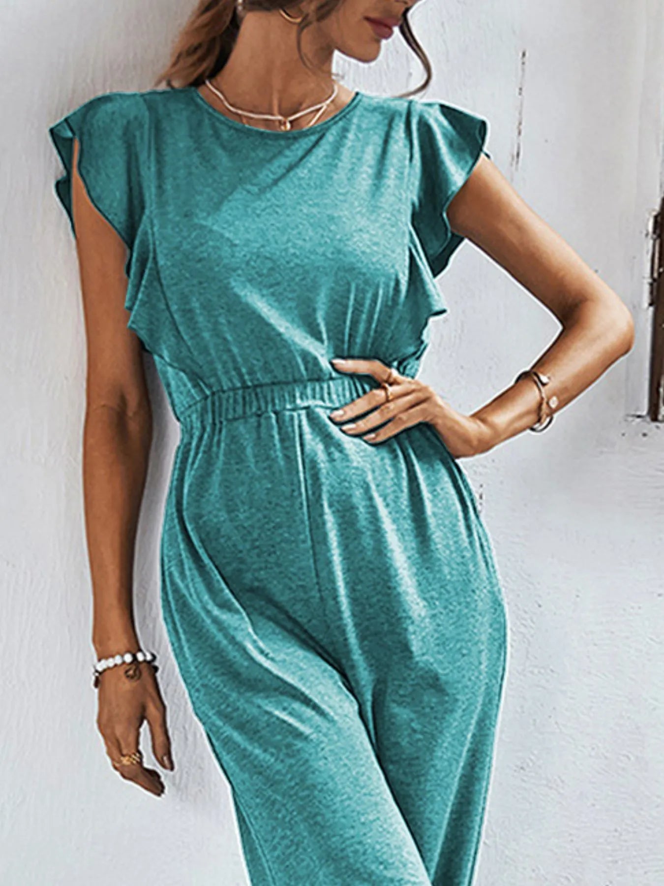 Flutter Sleeve Elastic Waist Jumpsuit Turquoise