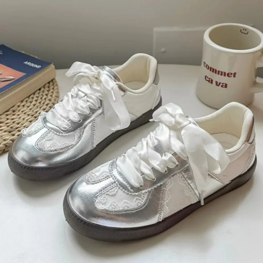 Round Toe Flats Sneakers Silver