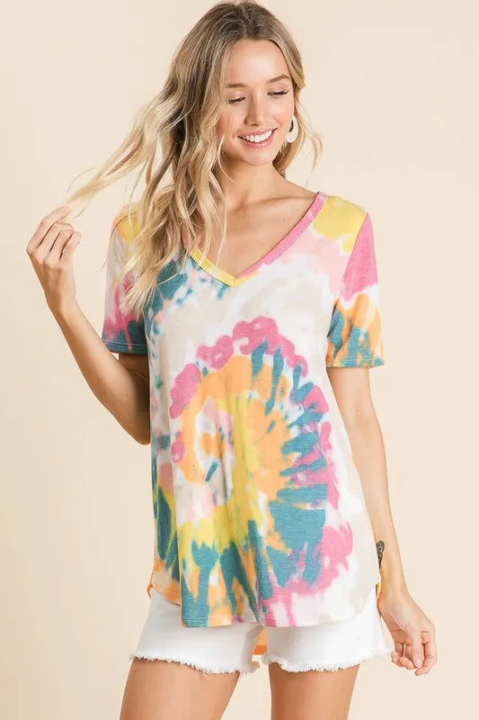 women's bibi circular tie dye print v neck top - styled view