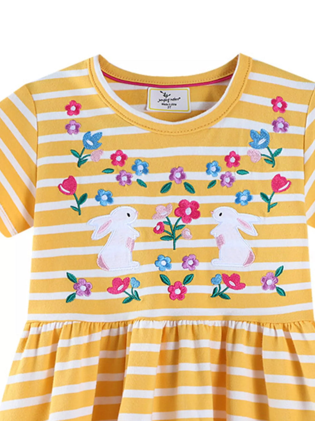 women's children's striped bunny embroidered round neck dress - close-up detail