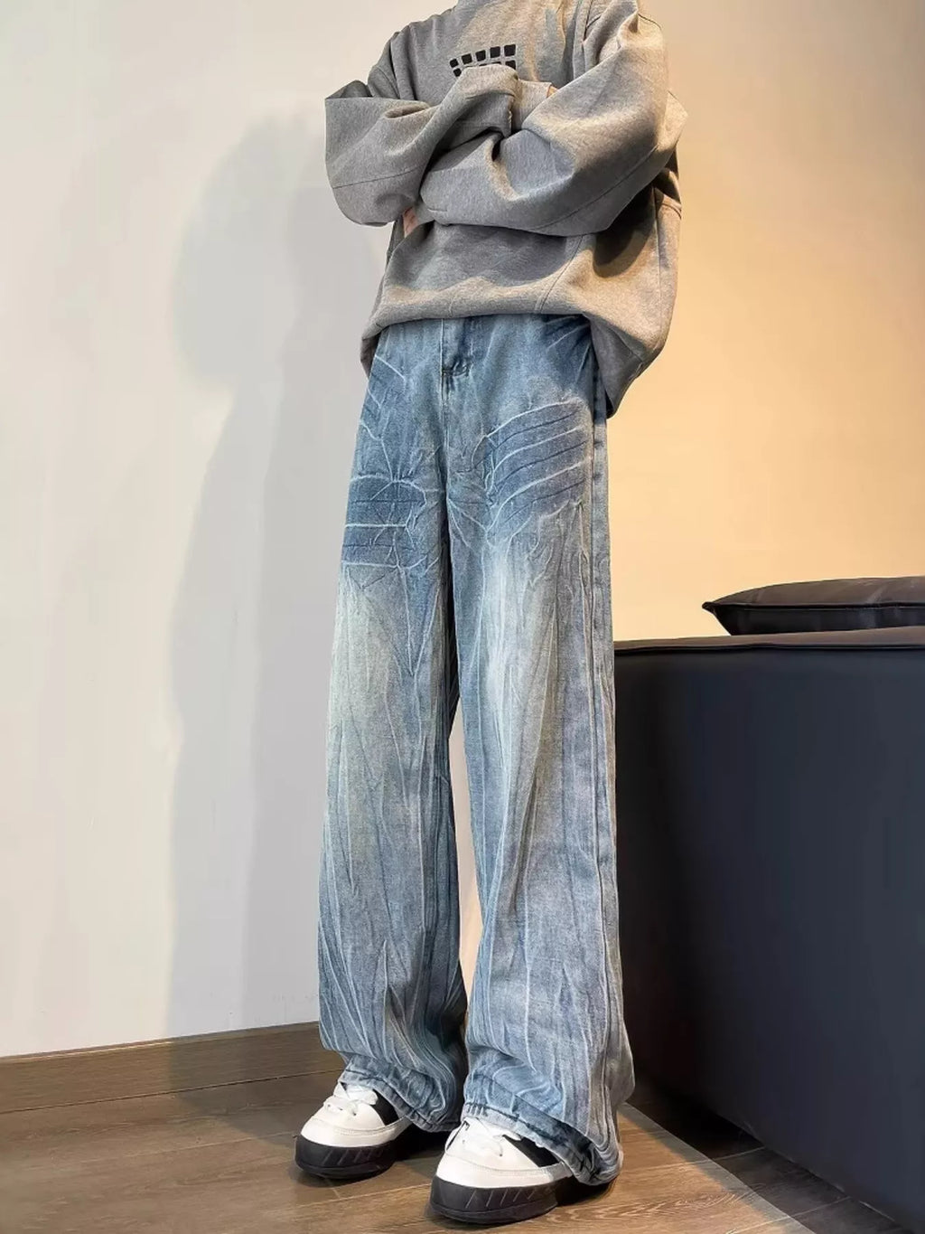 men's men's full size vintage wash wide leg jeans plus size - side view