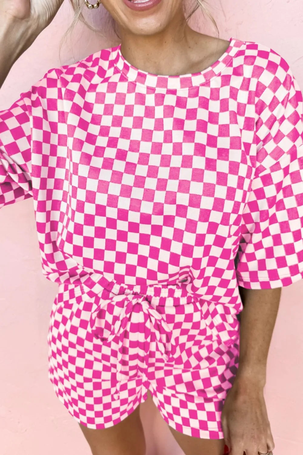 Checkered Round Neck Top and Shorts Two-Piece Set Fuchsia Pink