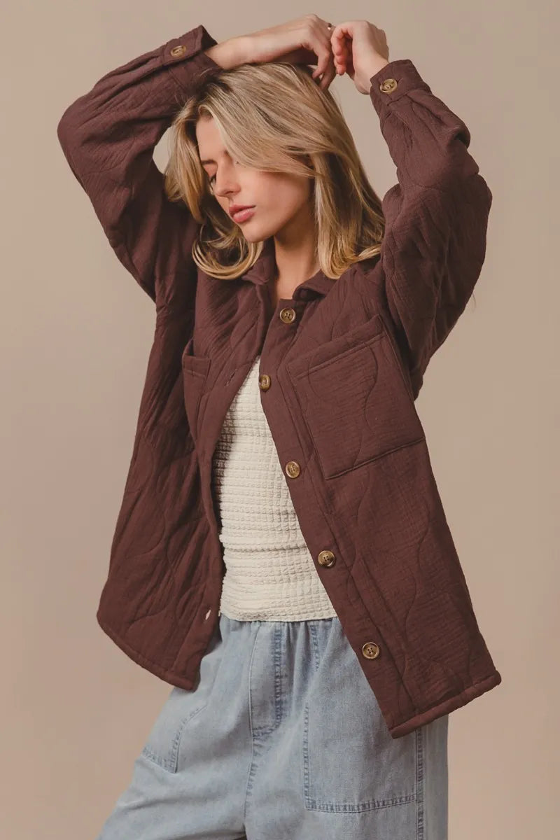 bibi quilted wrinkle gauze long sleeve shacket shown as women’s outerwear