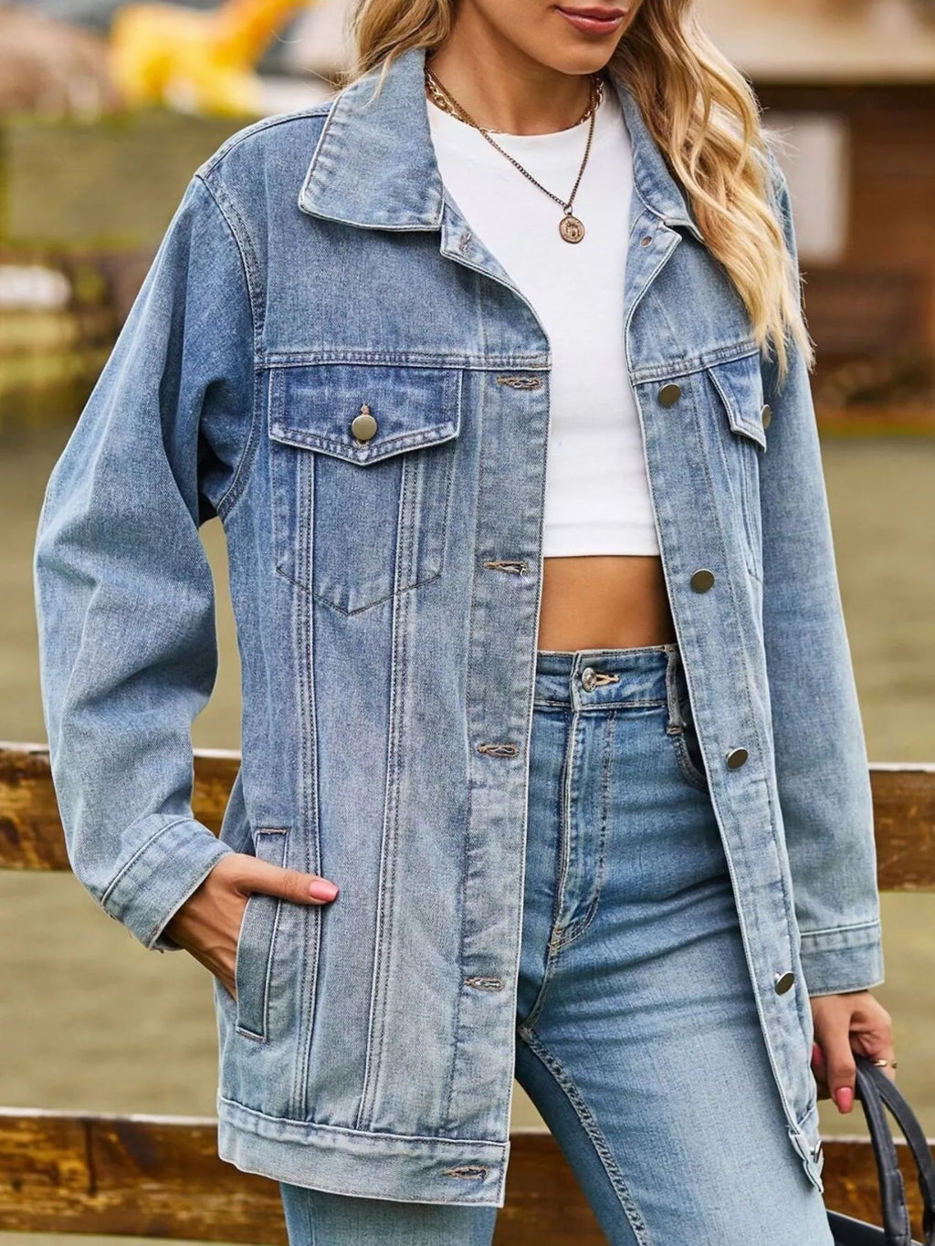 women's button down washed denim jacket - additional image
