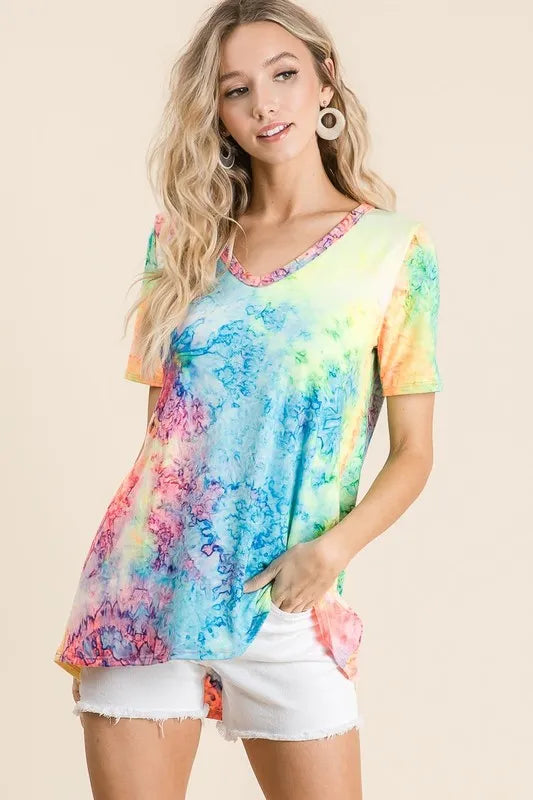 women's bibi  tie dye print jersey v neck top - additional angle