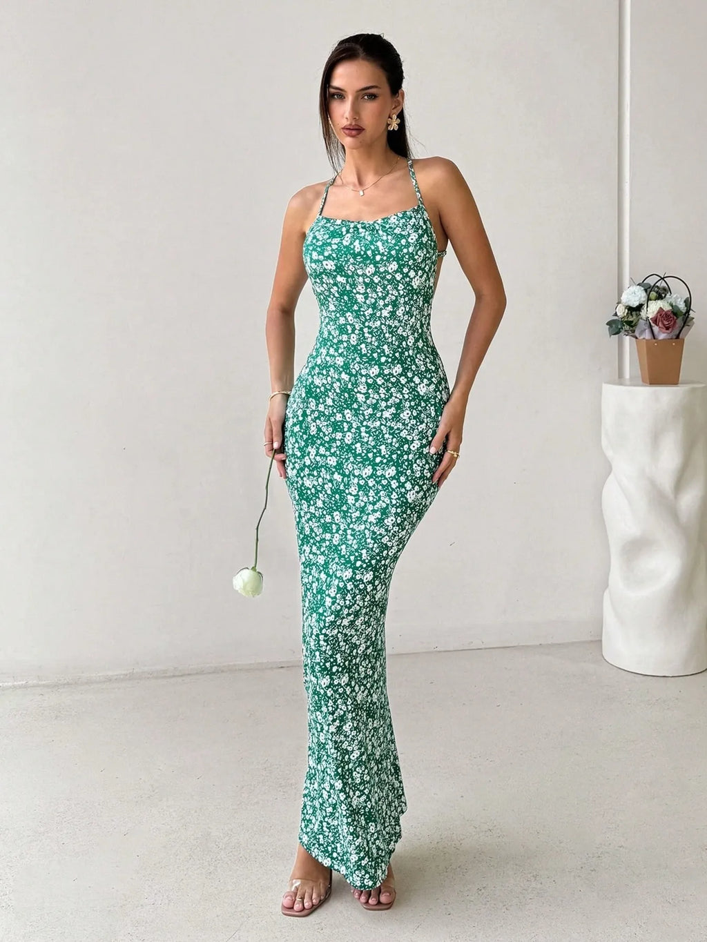 Crisscross Back Floral Print Bodycon Maxi Dress