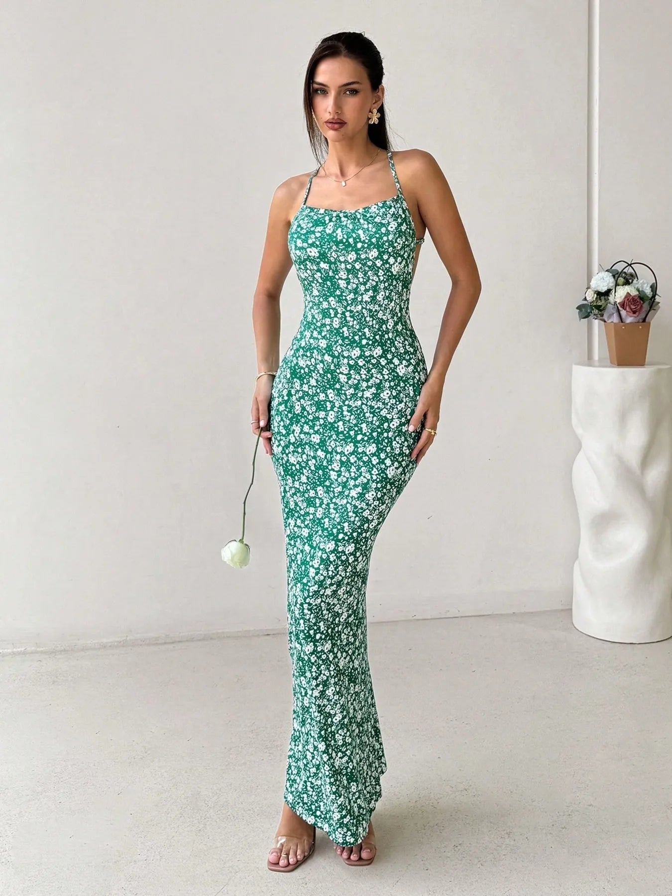 Crisscross Back Floral Print Bodycon Maxi Dress