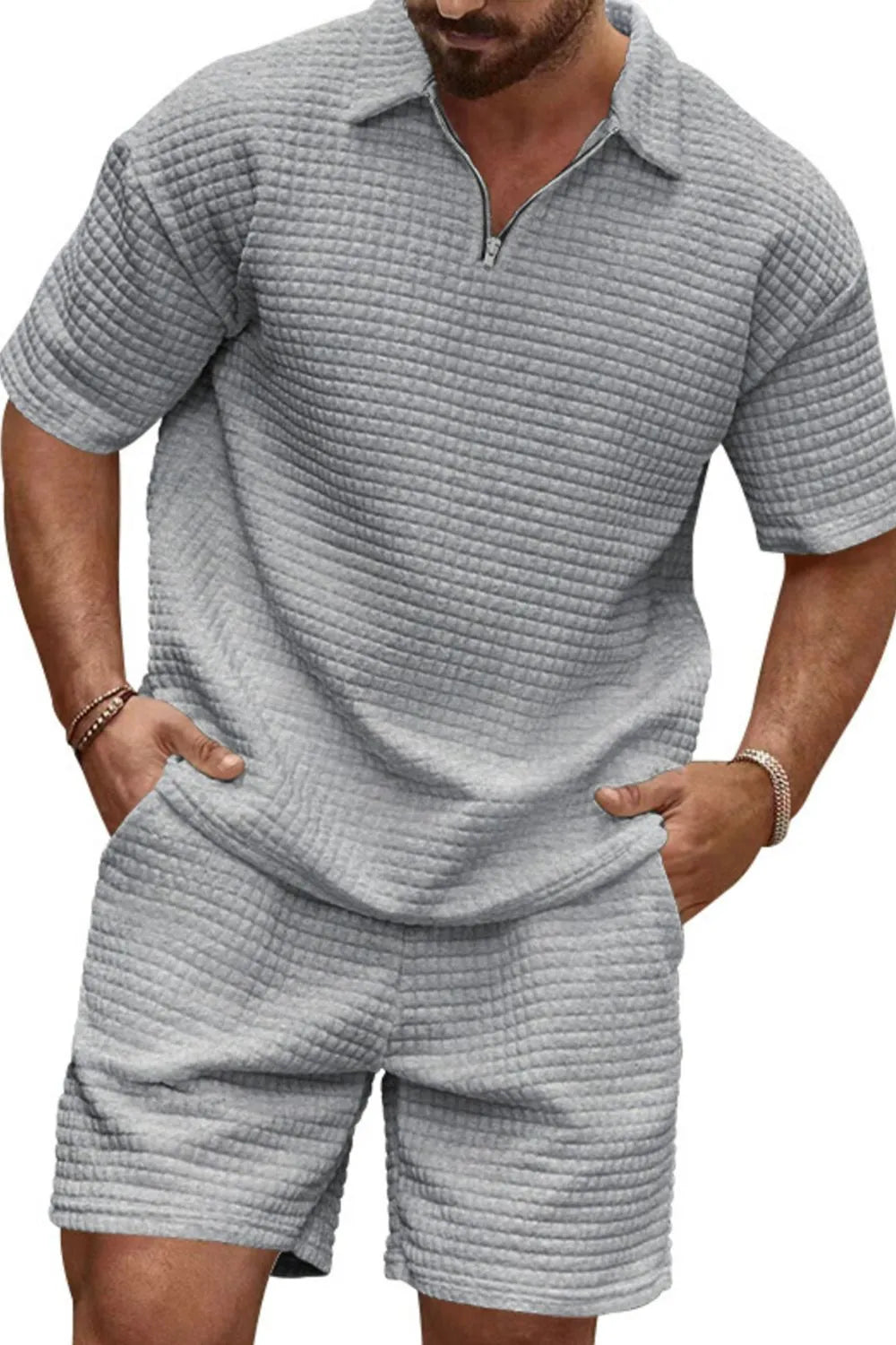 men's men's full size zip collar short sleeve top and shorts set plus size - product detail
