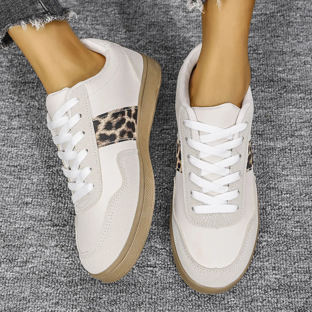Leopard Lace Up Round Toe Sneakers White