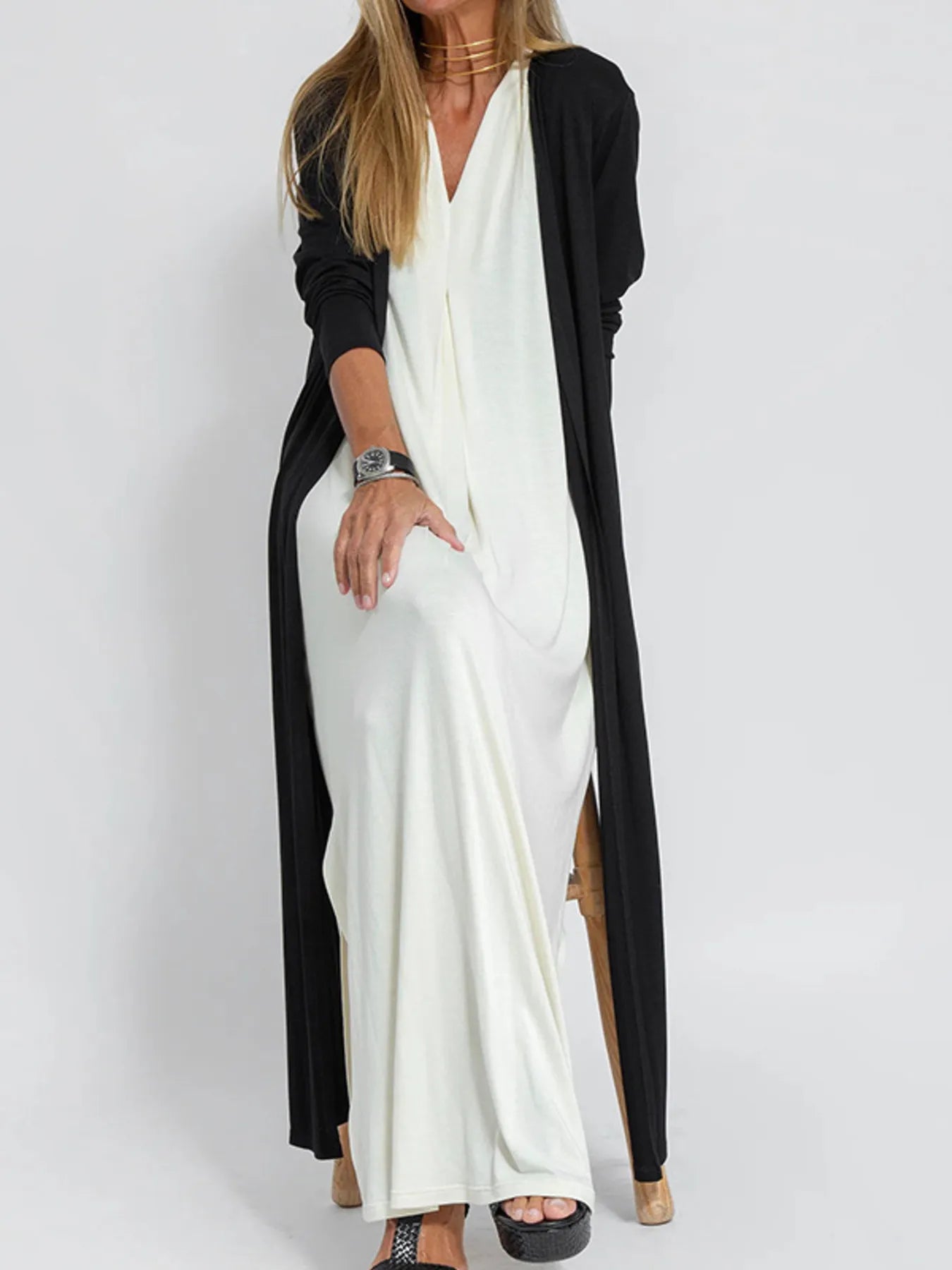 Full Size Open Front Side Slit Longline Cardigan Plus Size Black