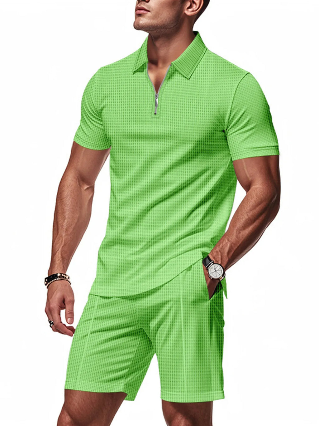 men's men's plus size quarter zip short sleeve top and shorts set - additional image