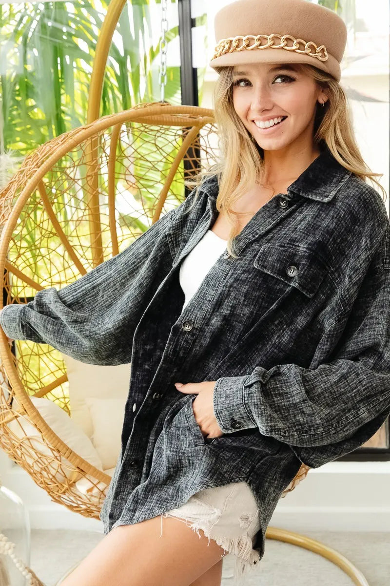 bibi vintage washed wrinkle gauze shacket shown as women’s outerwear