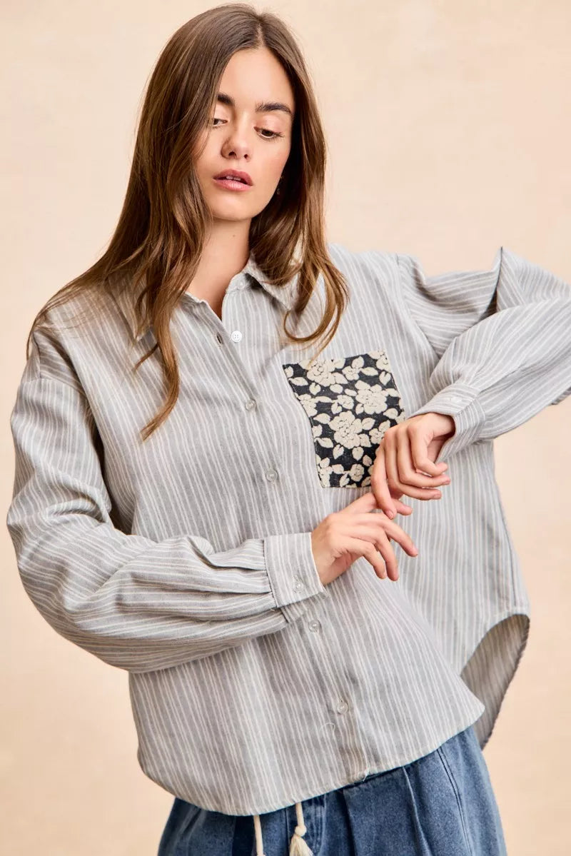 women's bibi flower jacquard knit patch pocket stripe shirt - styling option