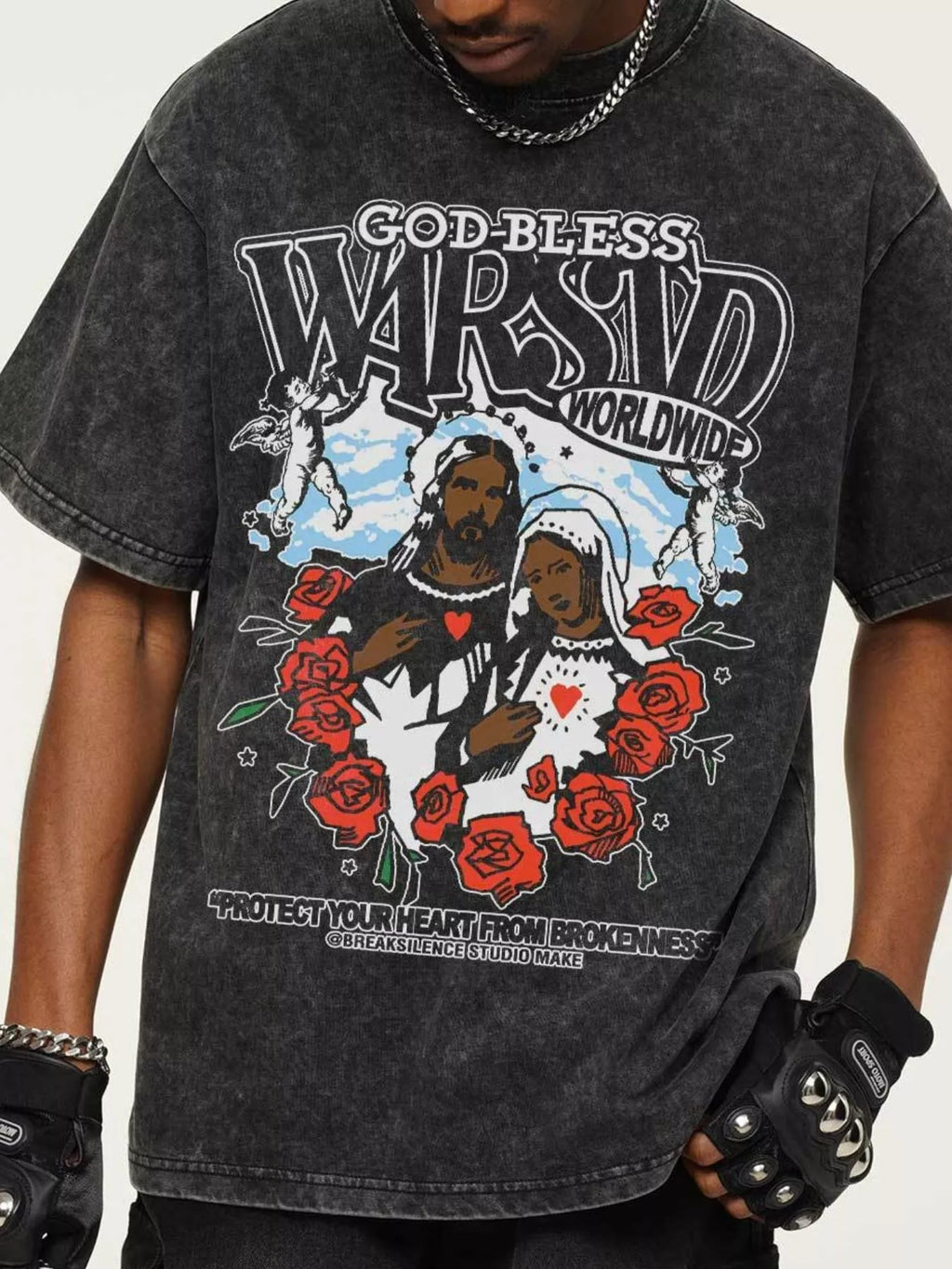 men's men's god-bless graphic print vintage wash t-shirt - styled view
