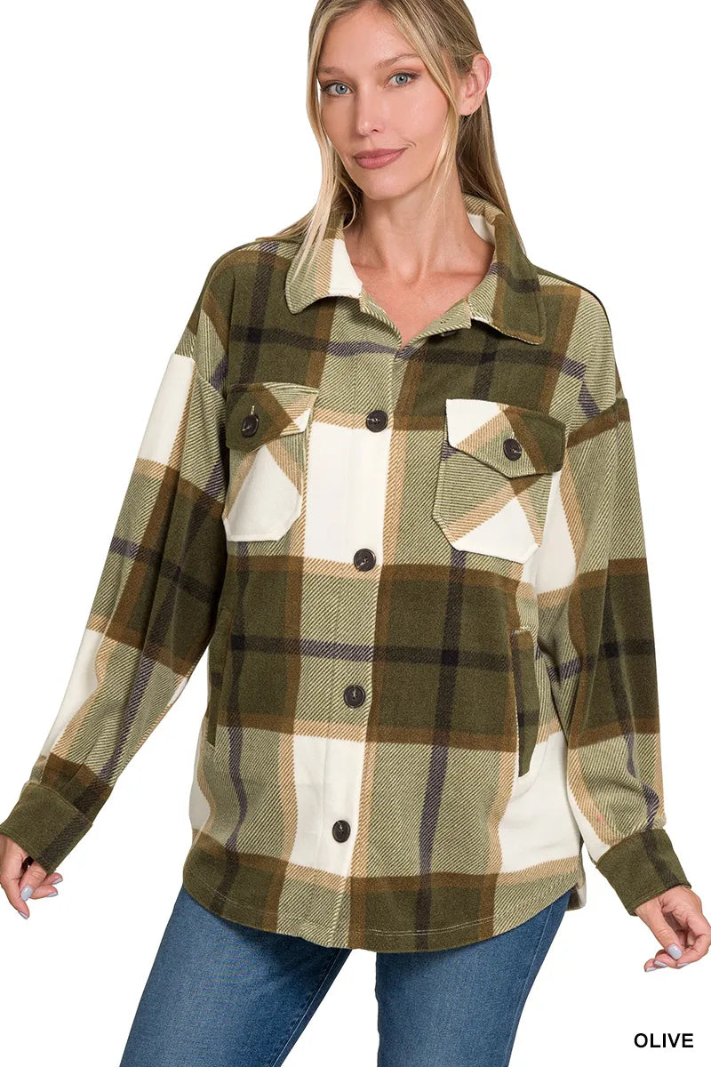 zenana oversized plaid fleece shacket - relaxed fit cold weather layer shown as women’s shacket