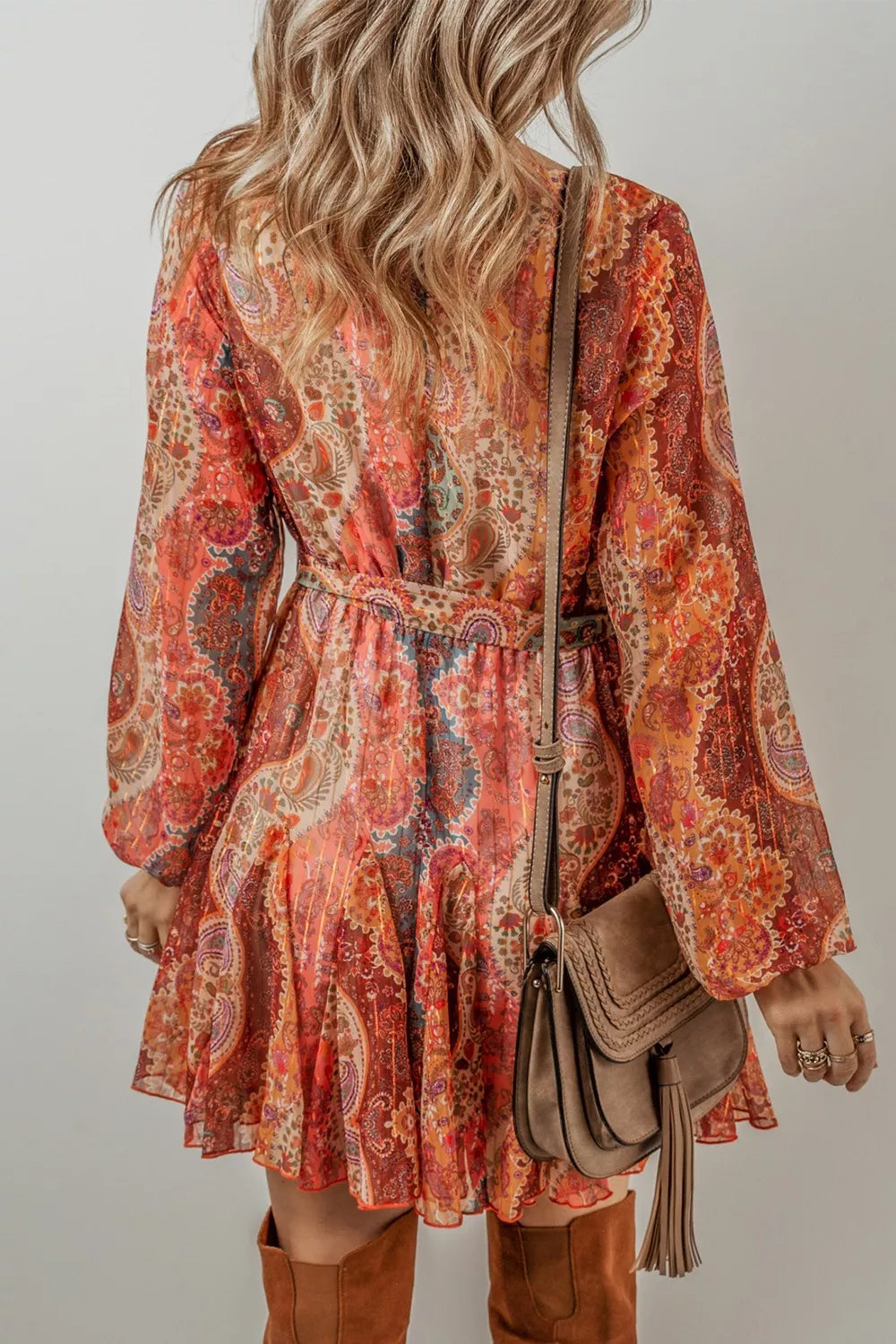 women's boho paisley print long sleeve mini dress - side view
