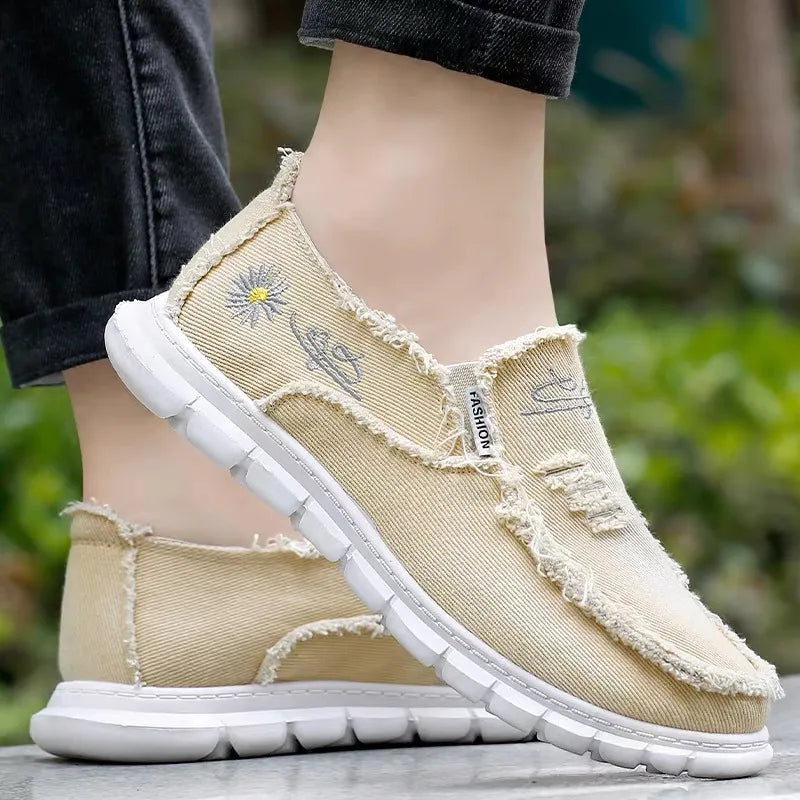 Raw Edge Round Toe Embroidery Flat Slip-Ons Khaki