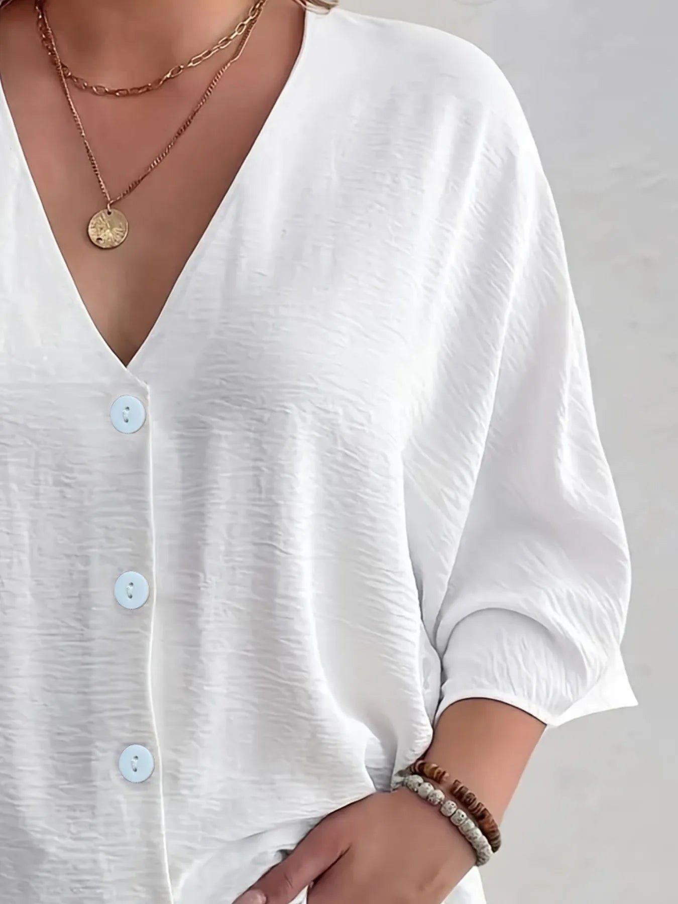 Full Size Casual V-Neck Button Down Relaxed Fit Blouse Plus Size