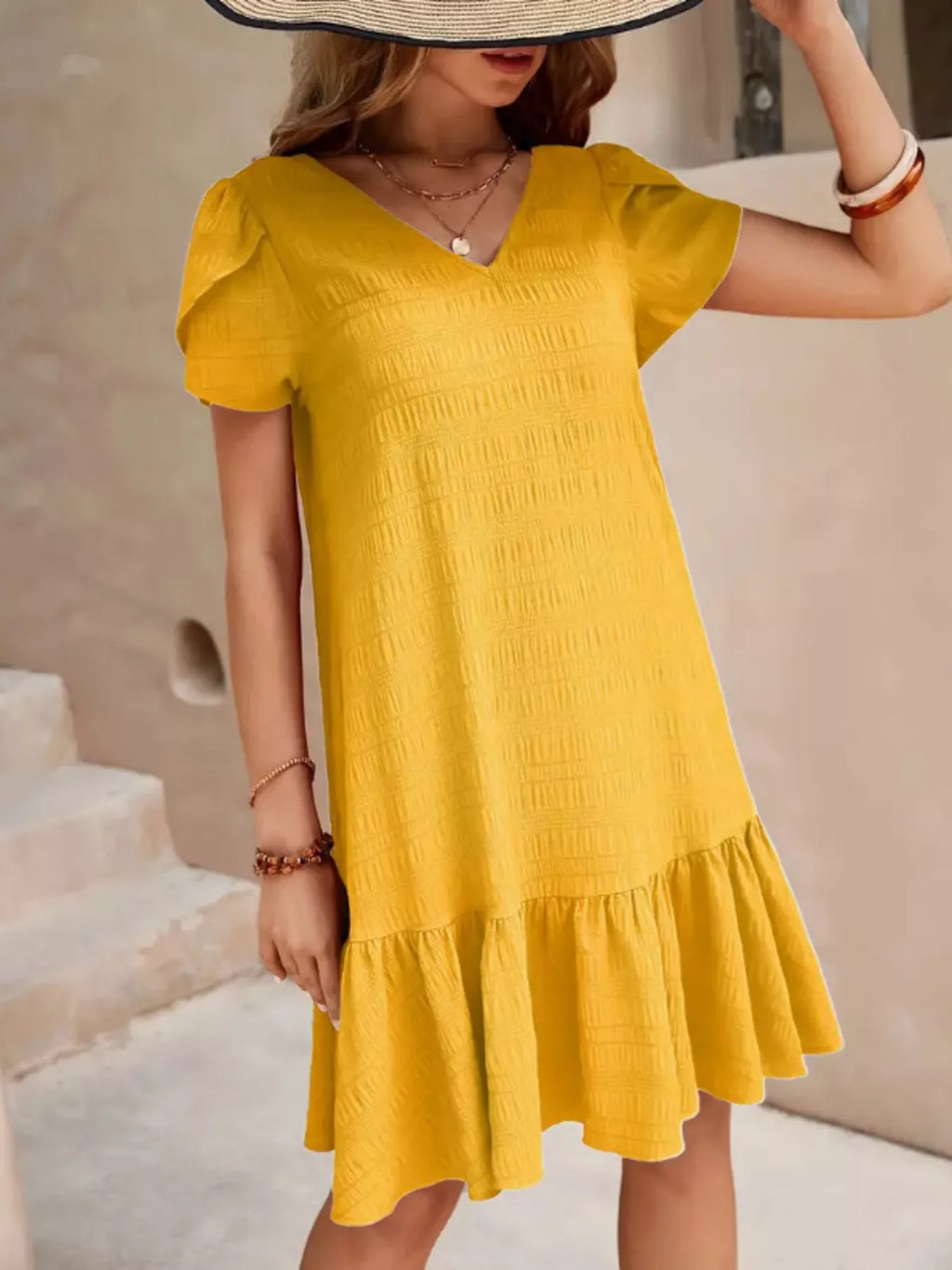 women's v-neck ruffle hem textured mini dress - extra view