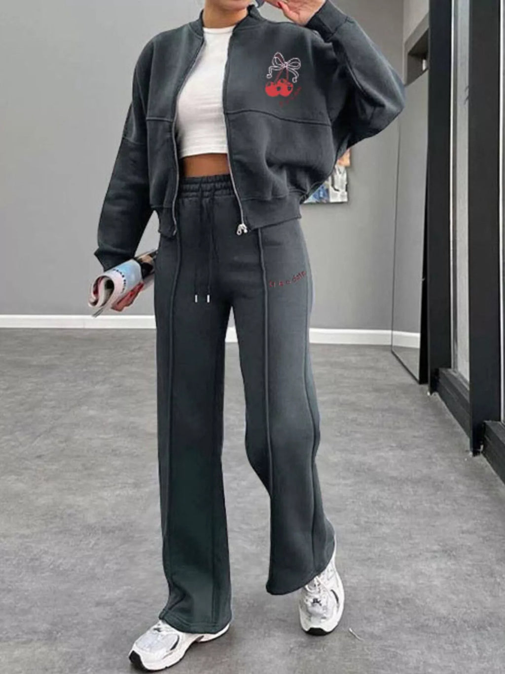 women's zip up dropped shoulder outerwear and pants set - styling option