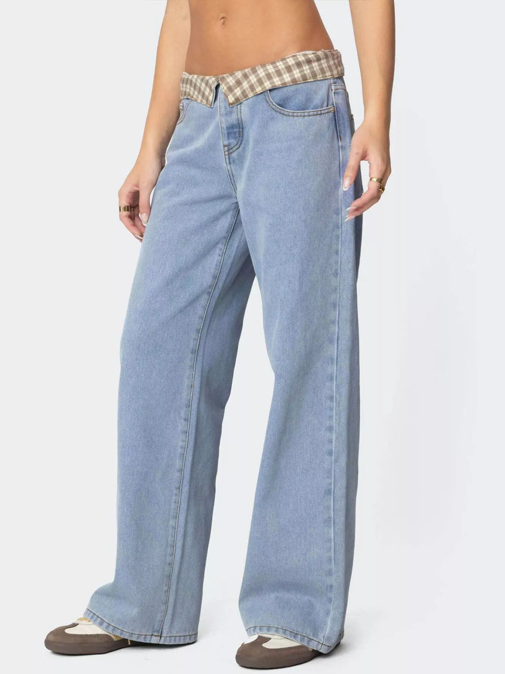 women's plaid trim wide leg jeans - lifestyle shot