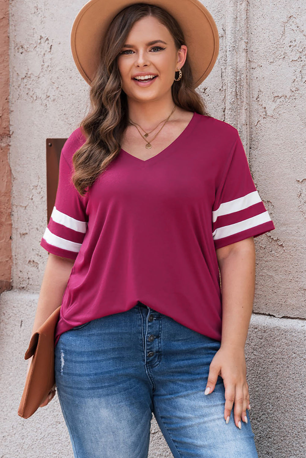 Plus Size Striped V-Neck Tee Shirt Moonlit Mauve